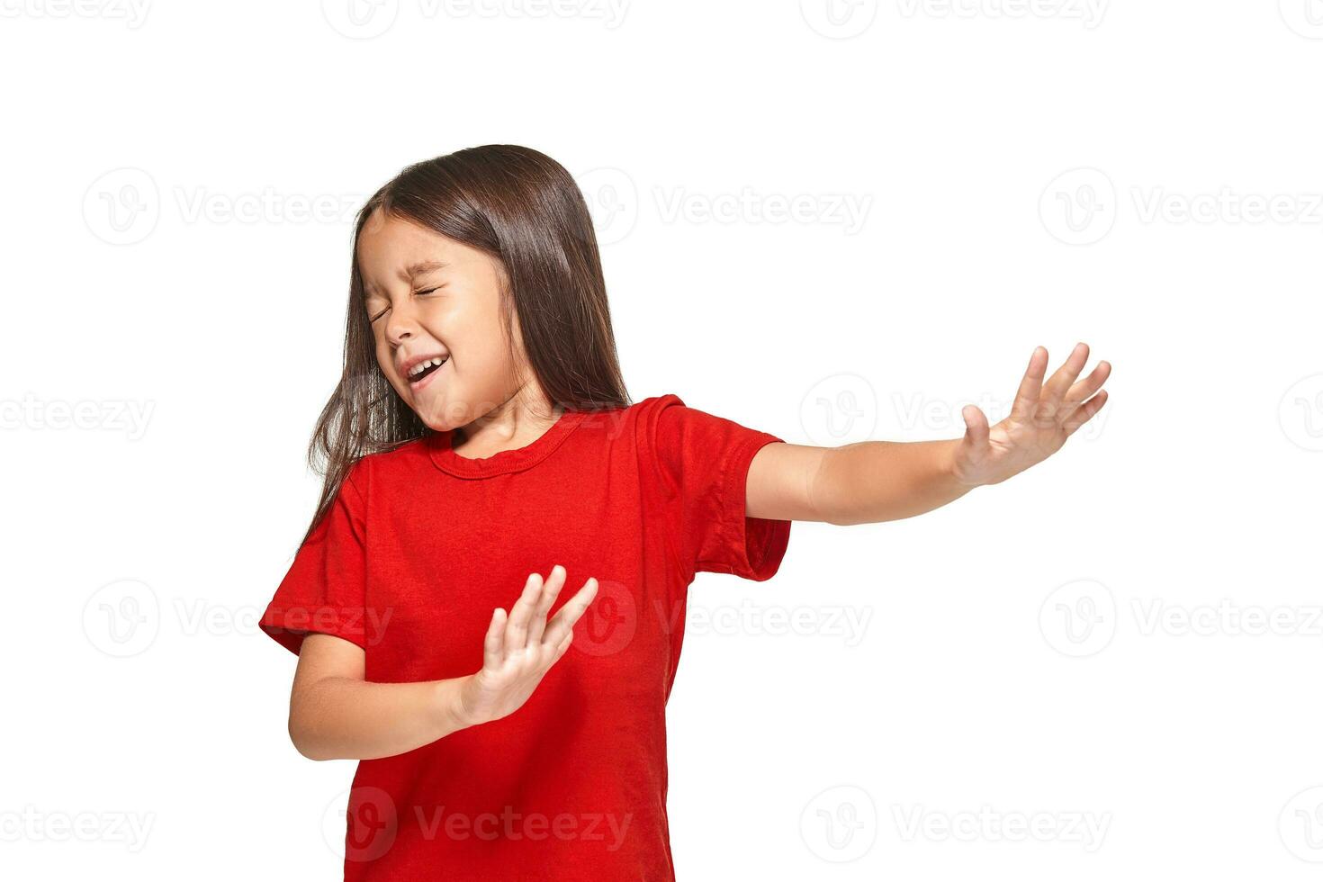 Portrait of little surprised girl excited scared. Isolated on white background photo