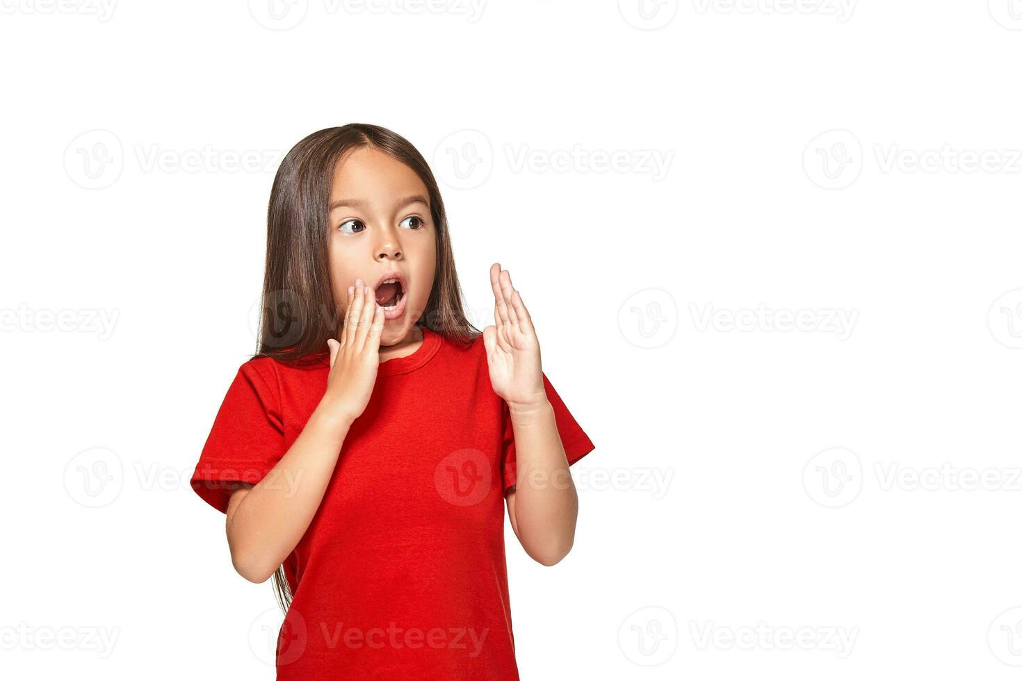 Portrait of little surprised girl excited scared. Isolated on white background photo