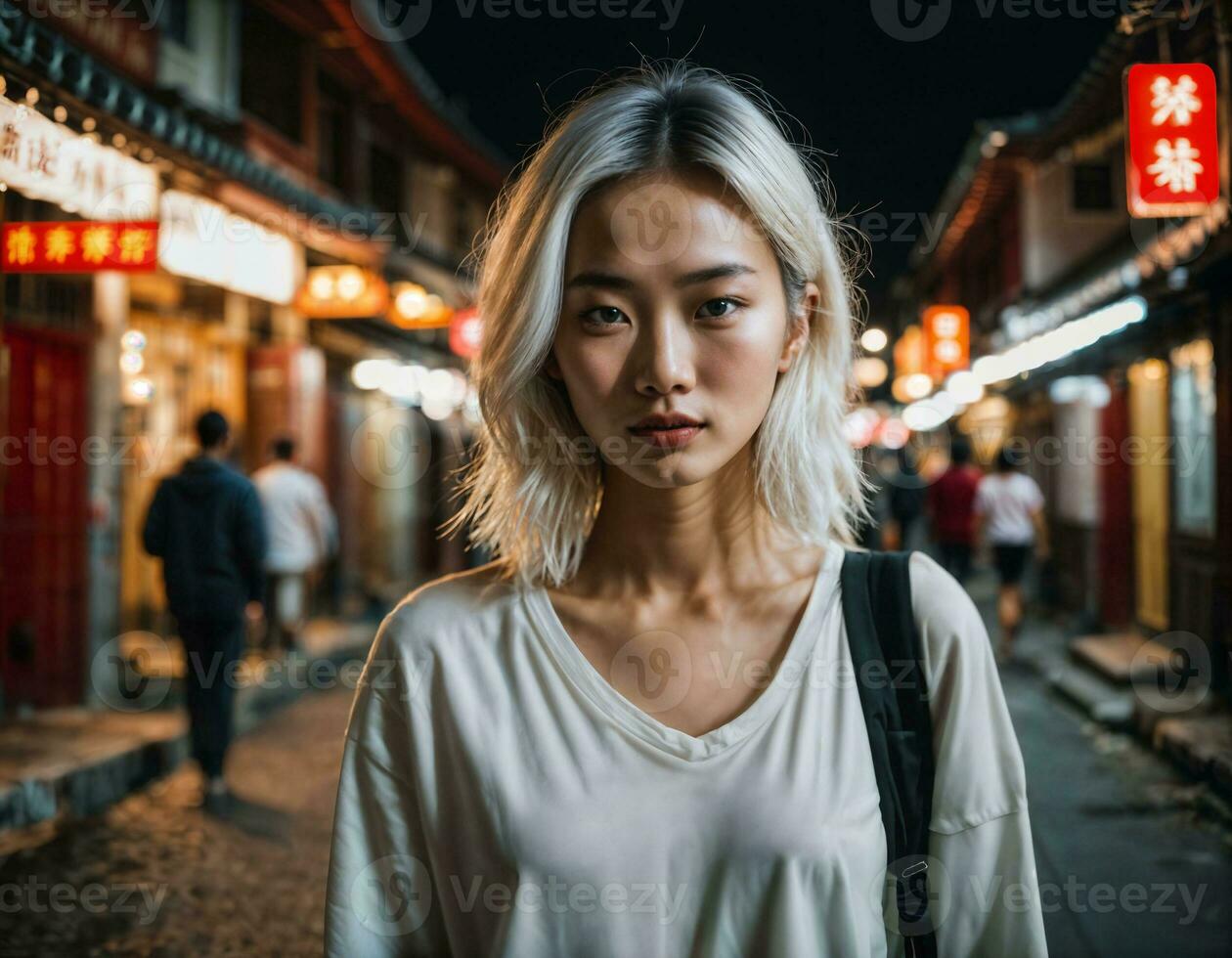 photo of beautiful young girl in china local street market at night, generative AI