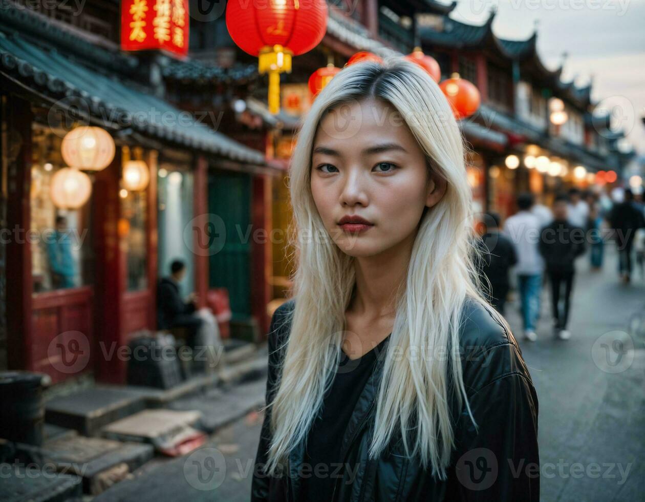 photo of beautiful young girl in china local street market at night, generative AI