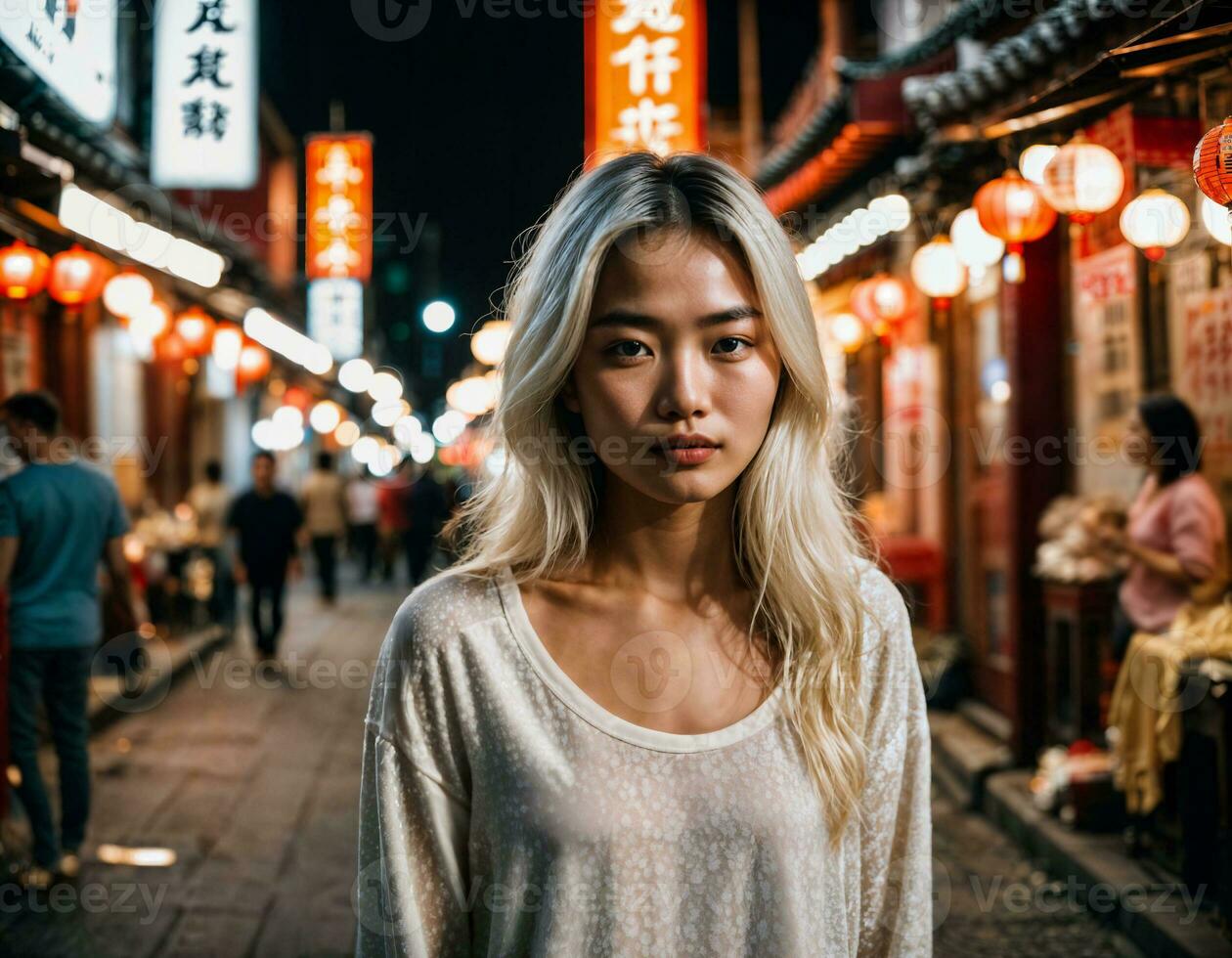 photo of beautiful young girl in china local street market at night, generative AI