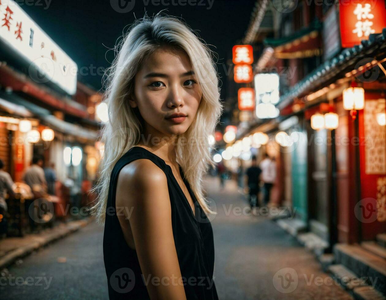 photo of beautiful young girl in china local street market at night, generative AI