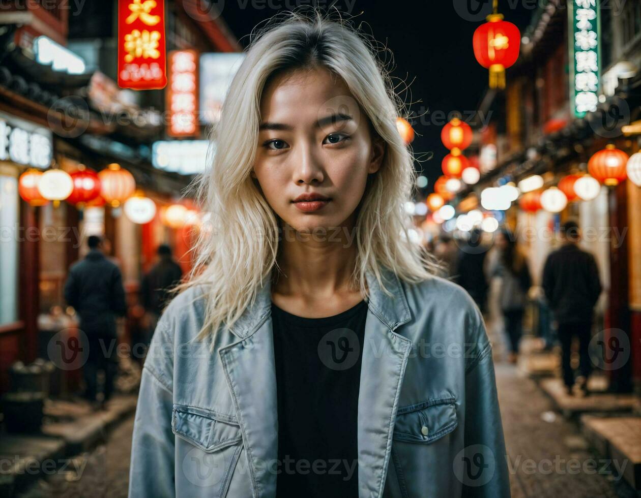 photo of beautiful young girl in china local street market at night, generative AI