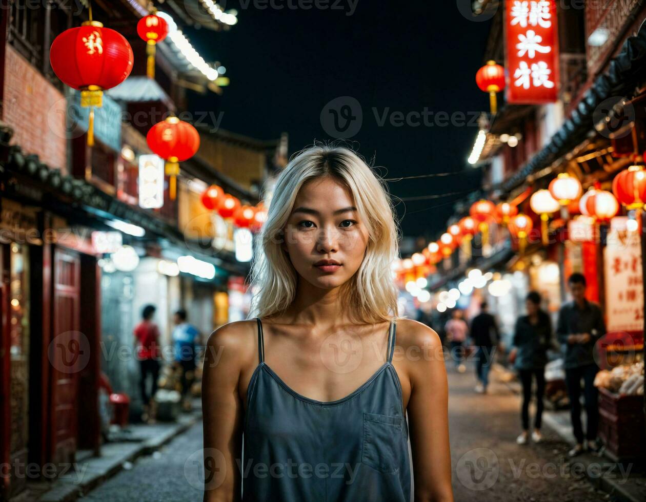 foto de hermosa joven niña en China local calle mercado a noche, generativo ai