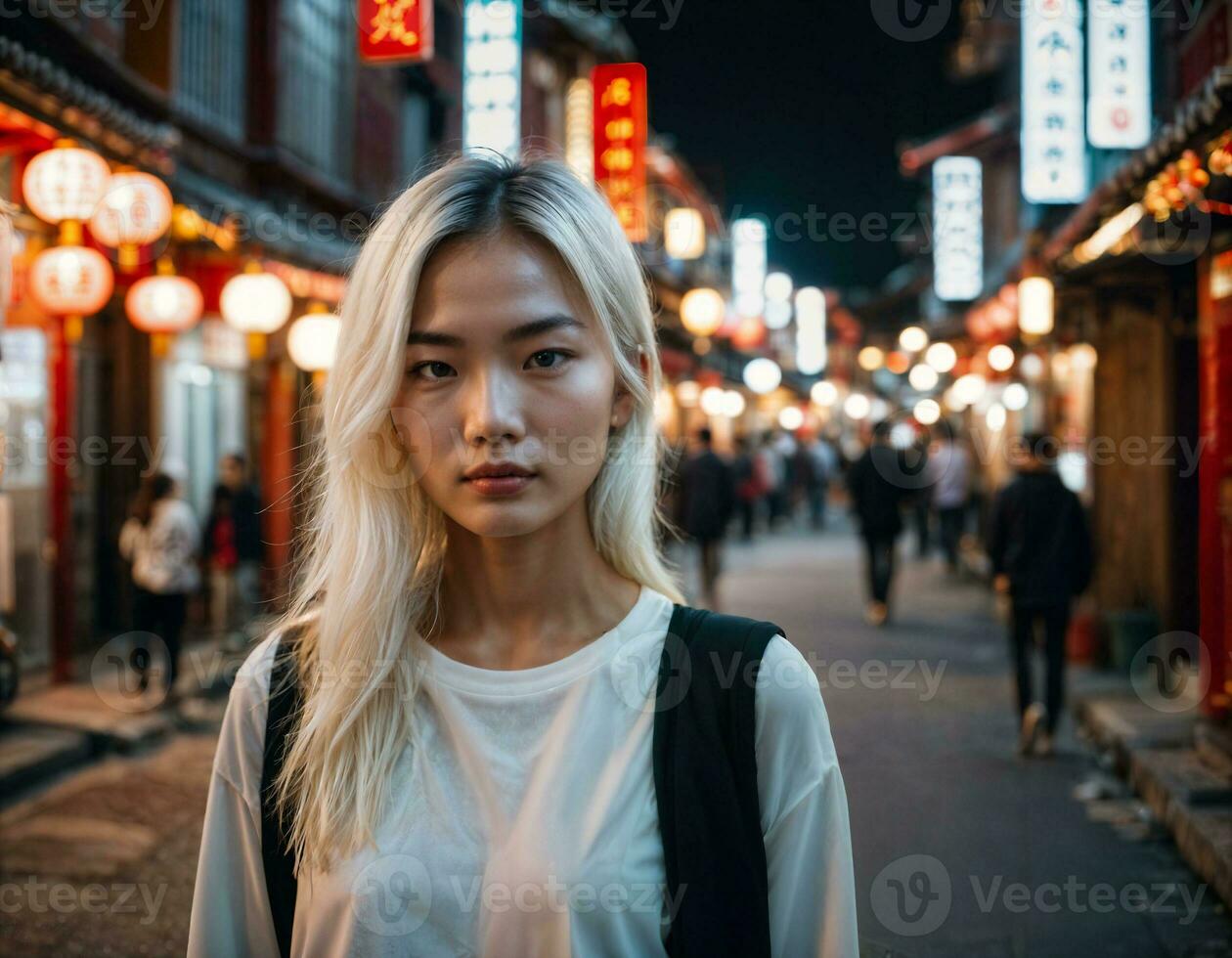 photo of beautiful young girl in china local street market at night, generative AI