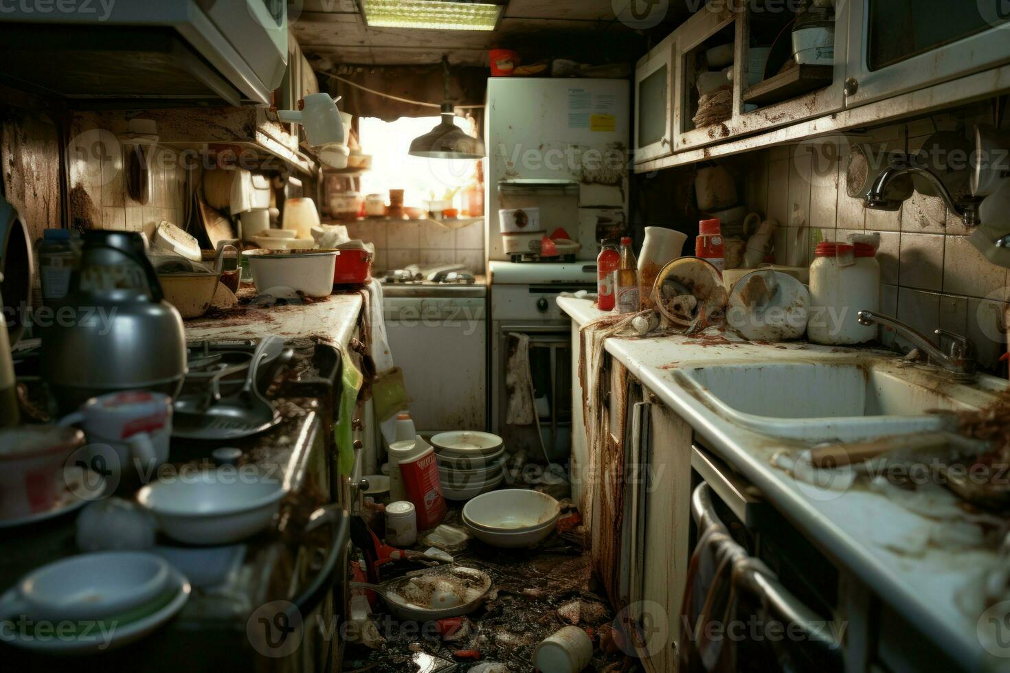 Disorderly Kitchen dirty chaos. Generate Ai photo