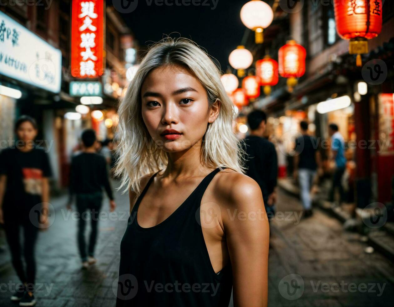 photo of beautiful young girl in china local street market at night, generative AI