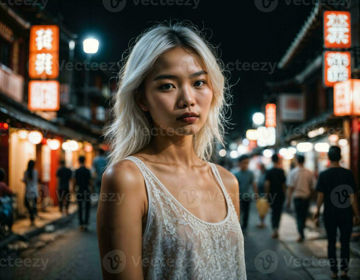 photo of beautiful young girl in china local street market at night, generative AI