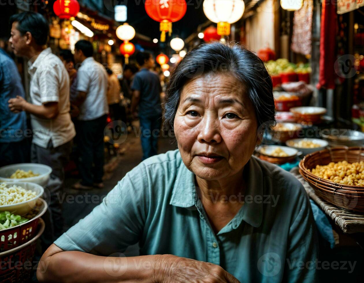 photo of senior old seller woman in china local street market at night, generative AI