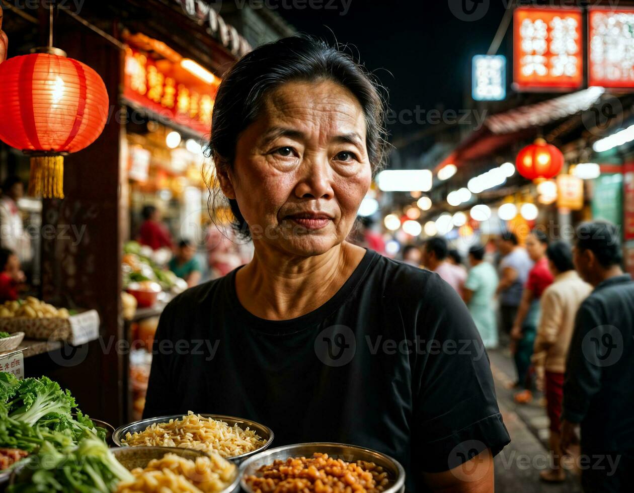 photo of senior old seller woman in china local street market at night, generative AI