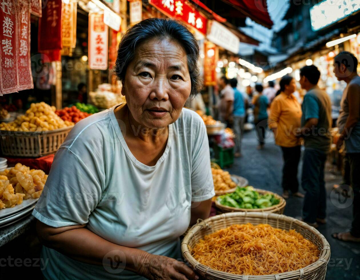 photo of senior old seller woman in china local street market at night, generative AI