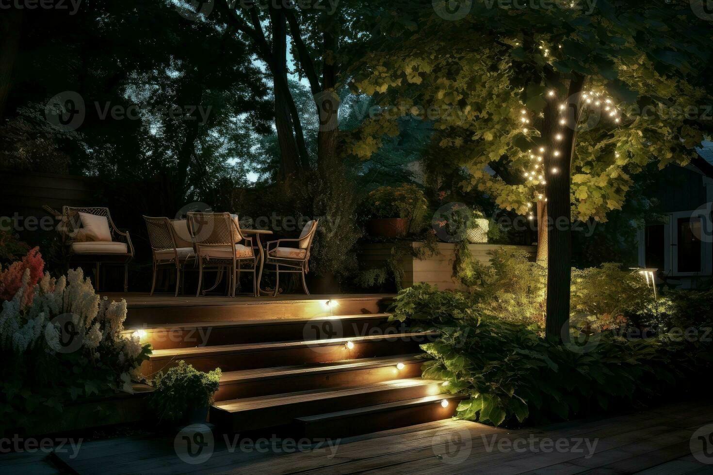 Captivating Illuminated staircase backyard terrace. Generate Ai photo