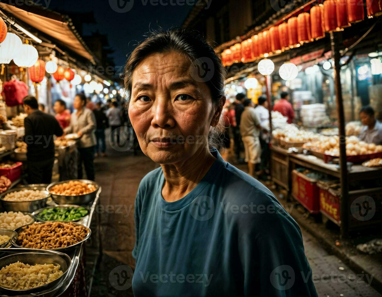 photo of senior old seller woman in china local street market at night, generative AI