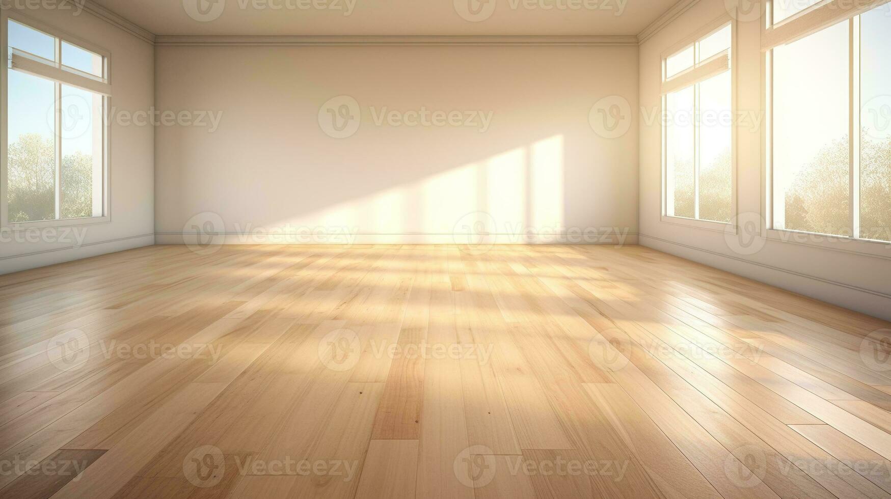 AI generated Generative AI, Light empty modern room with wooen floor and glare from the window, interior background for the presentation photo