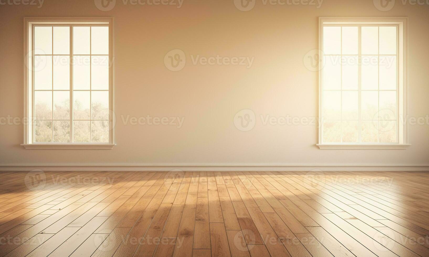 AI generated Generative AI, Light empty modern room with wooen floor and glare from the window, interior background for the presentation photo