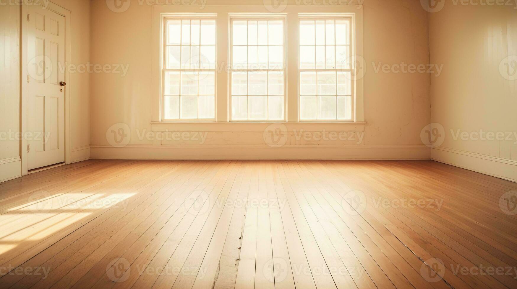 AI generated Generative AI, Light empty modern room with wooen floor and glare from the window, interior background for the presentation photo