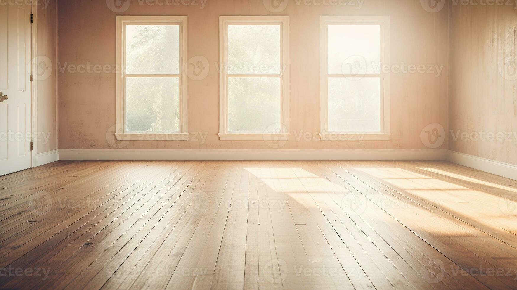 AI generated Generative AI, Light empty modern room with wooen floor and glare from the window, interior background for the presentation photo