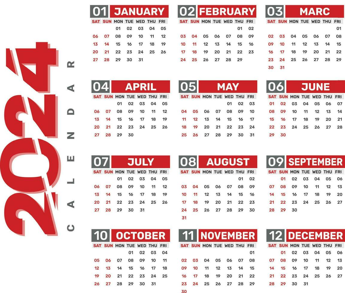 2024 wall calendar template schedule vector