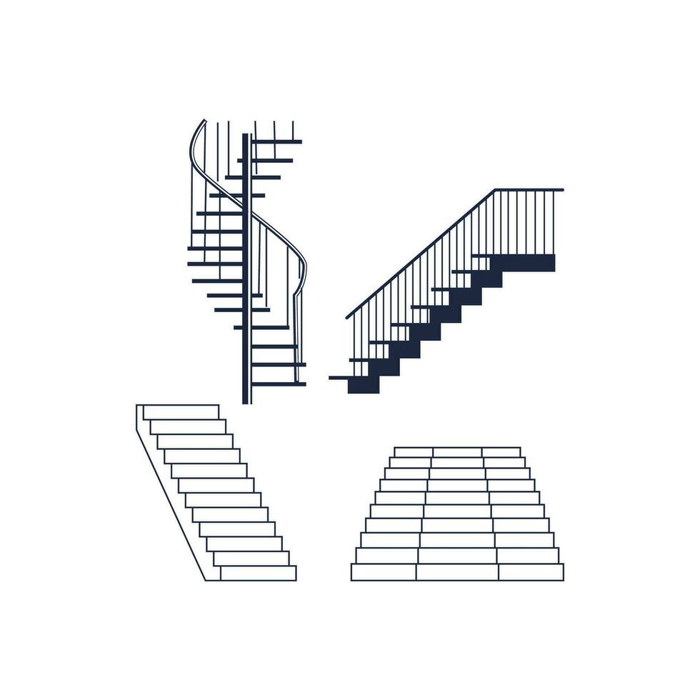 Isolated Set of Spiral Stairway, Carpet Marble Stair and Wooden Stone or Metal Staircase vector