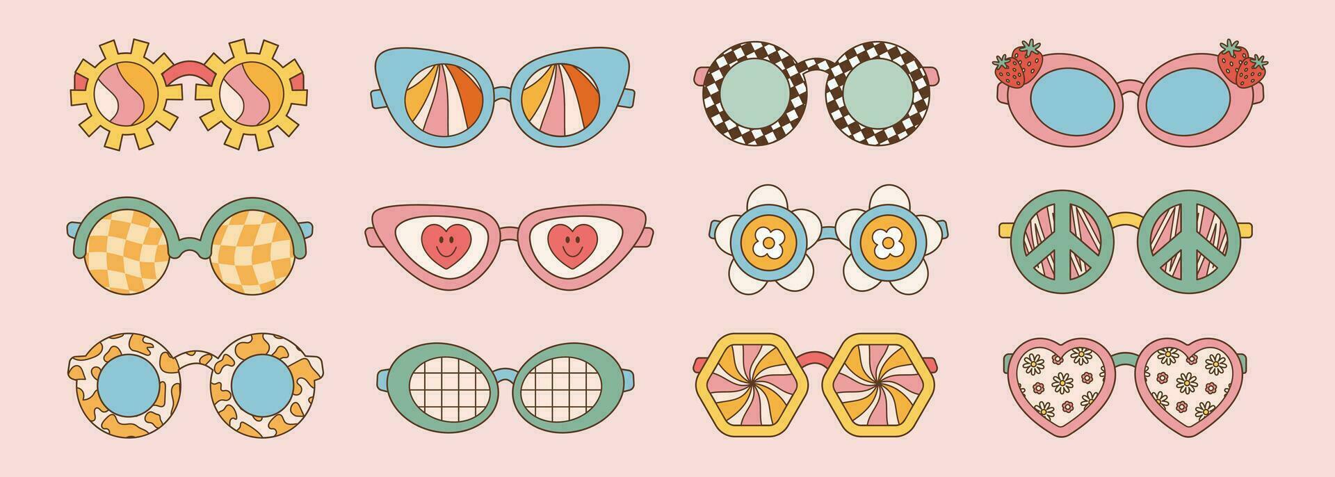 Sunglasses big set in retro groovy hippie style. Vector flat illustration 60s 70s