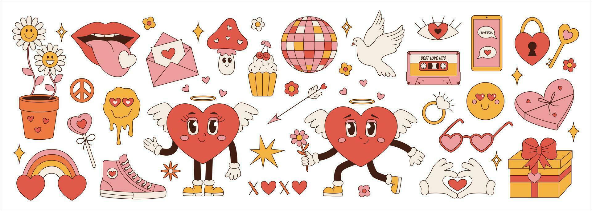 Retro groovy set for Valentines Day. Hippie love sticker, funny characters in shape of heart, trend  60s 70s. Vector cartoon illustration