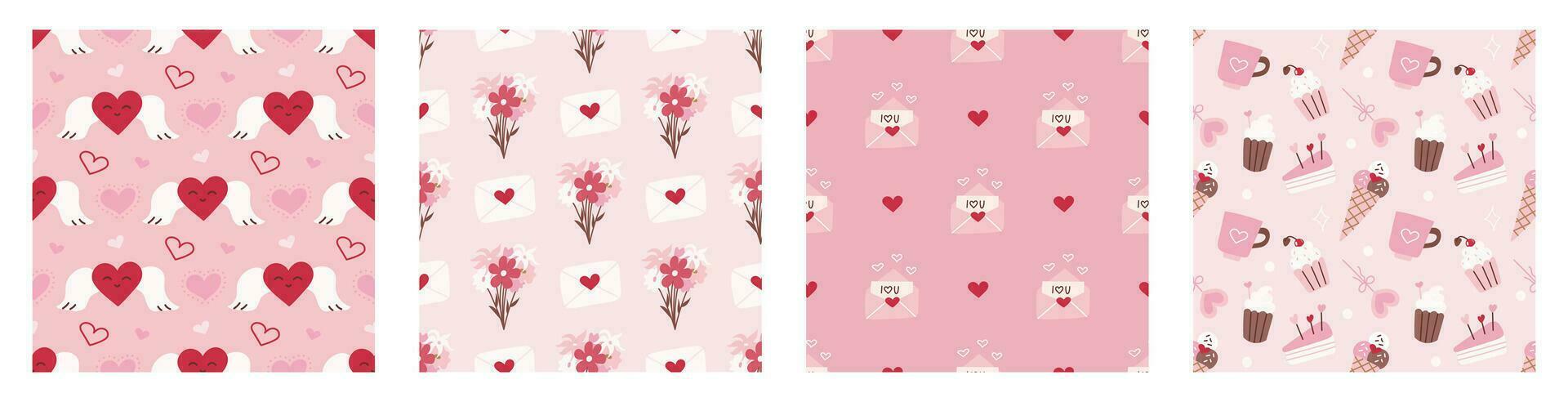 conjunto de sin costura patrones para San Valentín día. romántico vector antecedentes. ornamento para postales, fondos de pantalla, envase papel