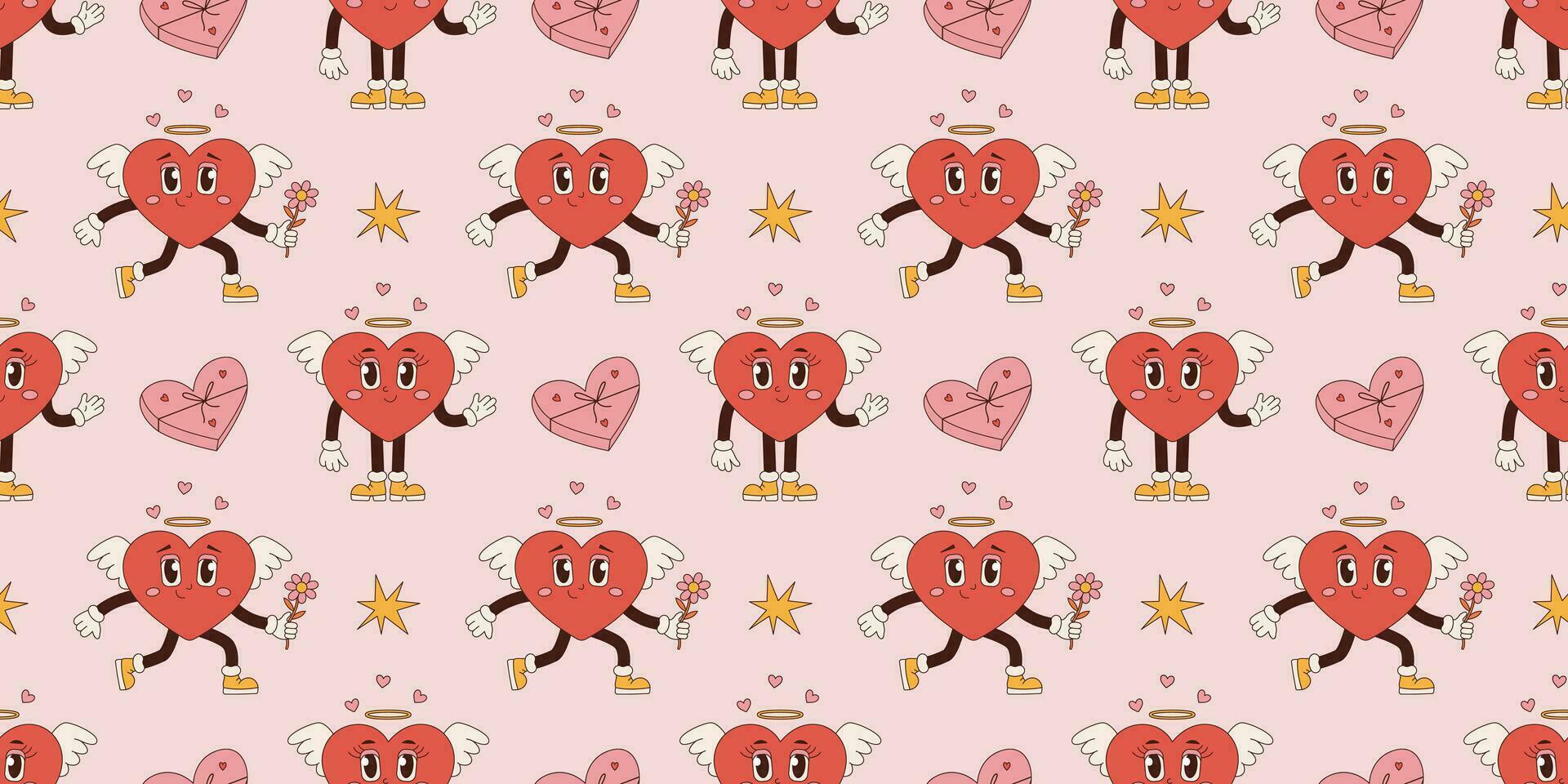 Groovy seamless pattern Valentines Day. Retro hippie style vector wallpaper in 60s, 70s. Vector cartoon background