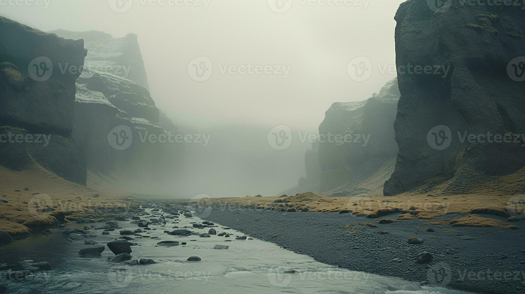 AI generated Generative AI, Iceland beautiful foggy wild landscape with mountains, aesthetic muted colors, photo