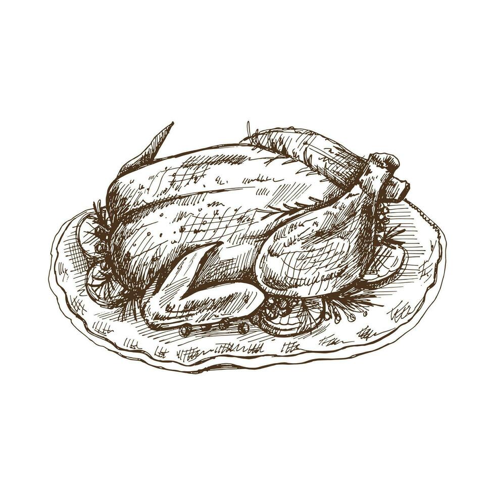 Hand-drawn sketch of baked turkey, chicken with rosemary, berries and lemon. Vector food drawing. Traditional Christmas, Halloween food. Illustration for packaging, label, recipe, menu.