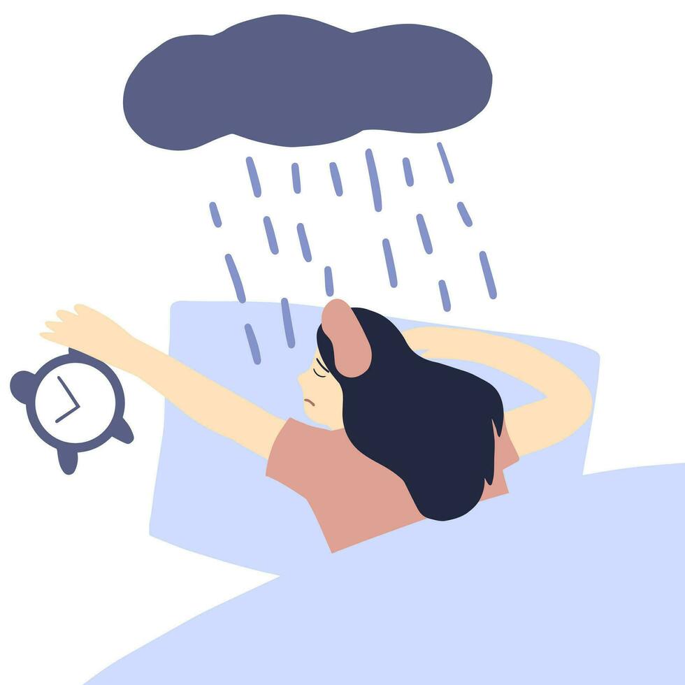 Sleepy young woman. The girl wakes up on an alarm clock. Morning weekdays, the beginning of the day. An exhausted overtired person feels a lack of sleep or chronic fatigue, dozes off. vector