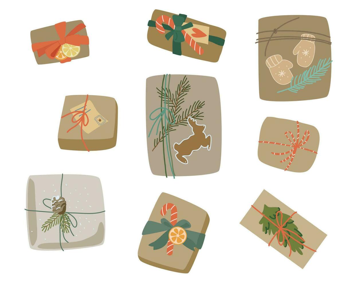 set of Christmas gifts made of craft paper. handmade. new year vector