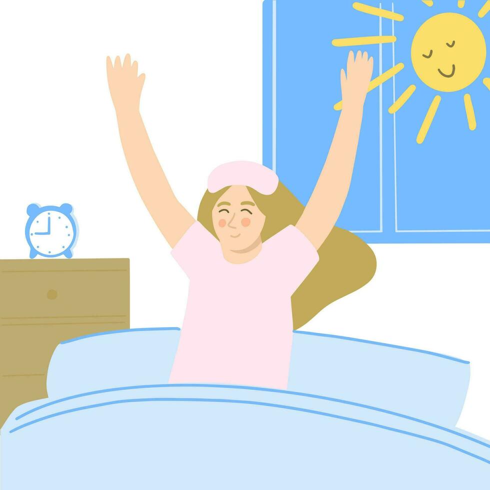 cheerful girl wakes up easily in the early morning. easy awakening concept, hand drawn illustration in pastel colors vector