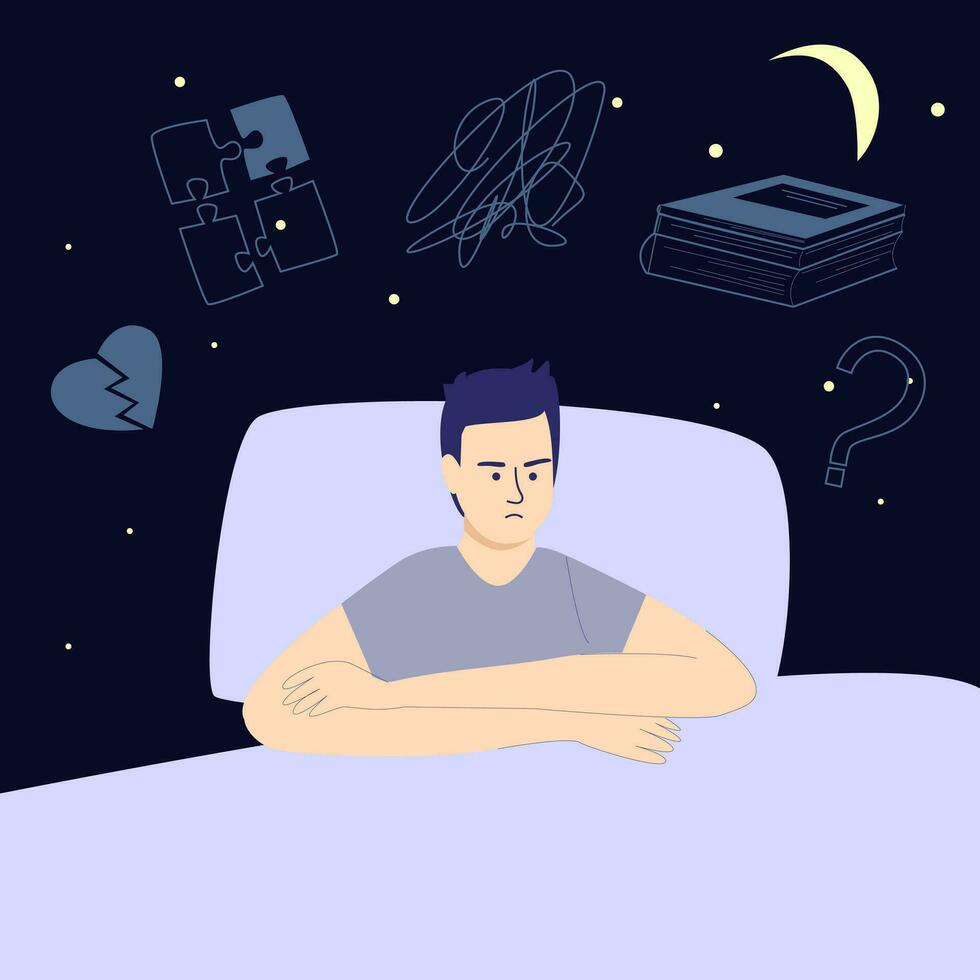 a man cannot relax and fall asleep because he is thinking about various problems. insomnia concept vector