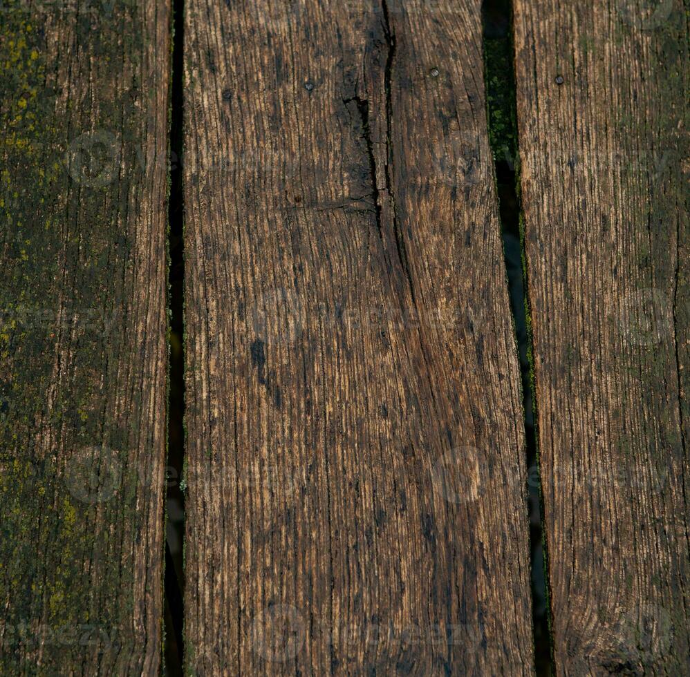 Old wood texture background, surface with old natural colored wood, top view. Grain table surface. photo