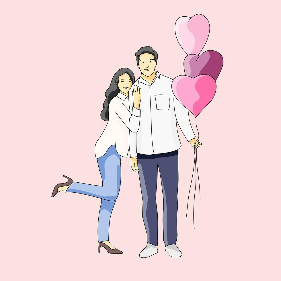 Couple holding hands with love balloon smiling romantic partner vector