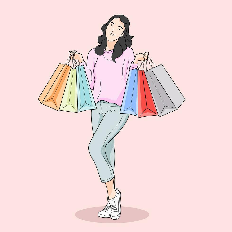 woman standing carrying shopping bags, shopping happy smiling vector