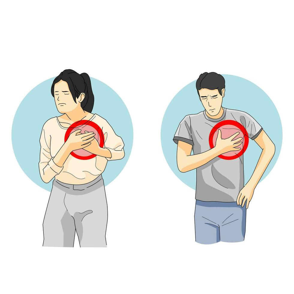 Man woman having chest pain, hearth attack vector
