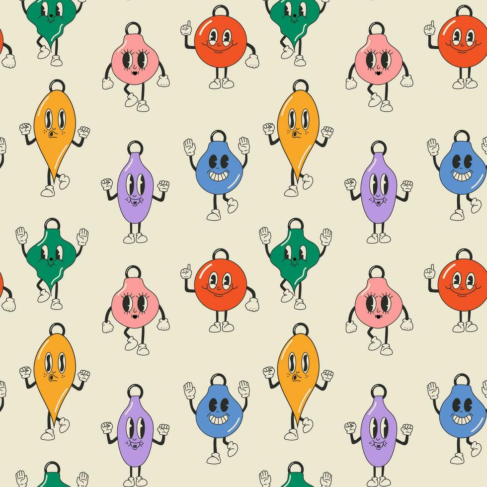 Seamless pattern with Cute Cartoons christmas balls. Happy and cheerful emotions. Old animation 60s 70s vector