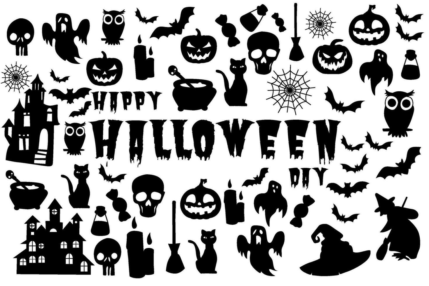 set of silhouettes with a halloween theme on a white background.halloween, vector, icon, ghost, pumpkin, bat, silhouette vector