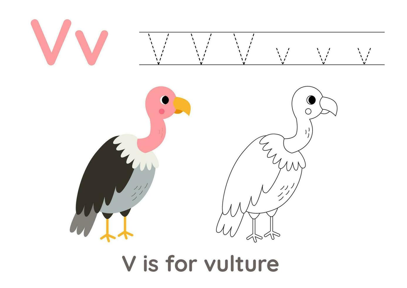 Alphabet tracing worksheet with letter V. Coloring page with cute cartoon vulture.  Handwriting practice for kids. vector