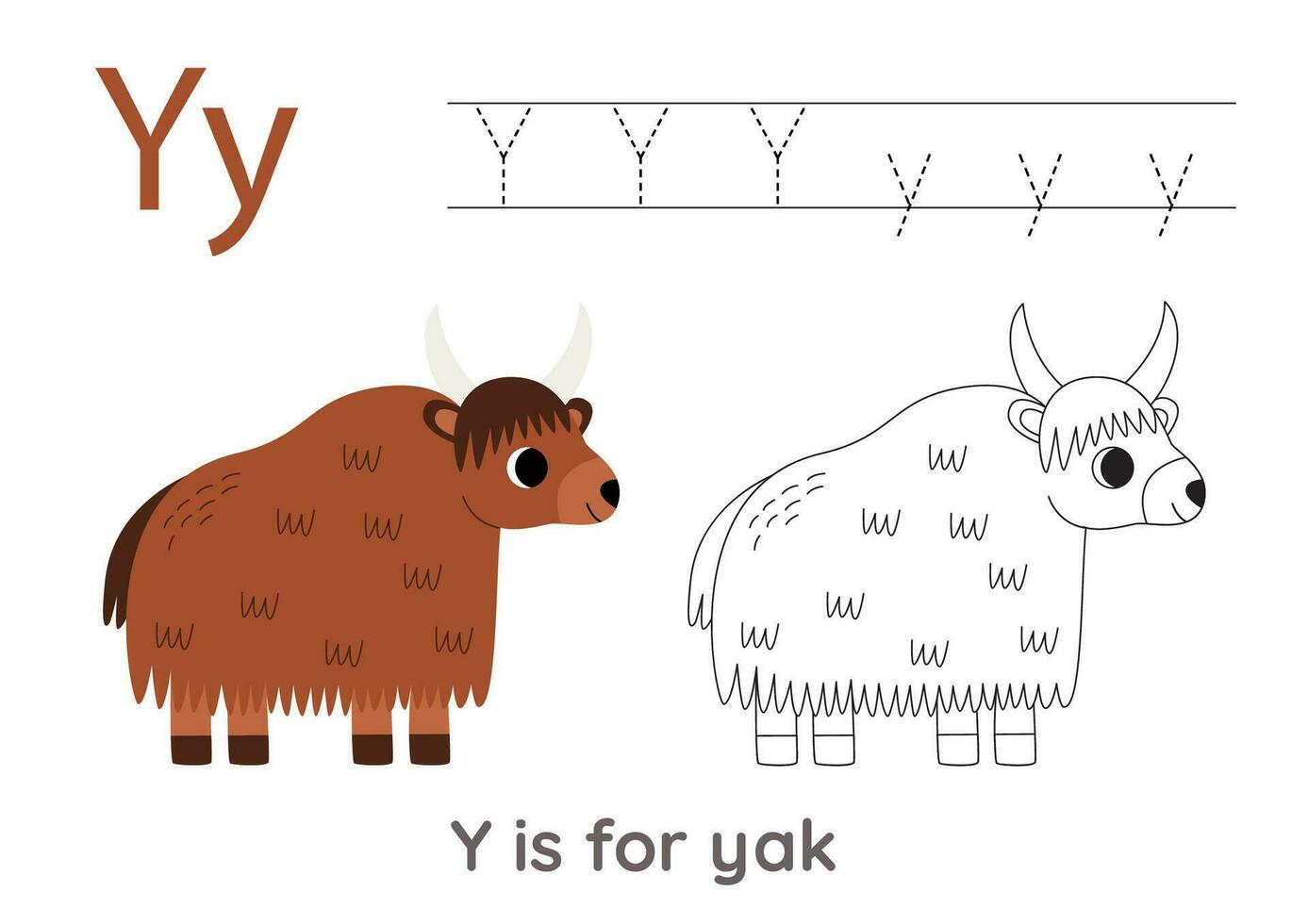 Tracing alphabet letters with cute animals. Color cute yak. Trace letter Y. vector