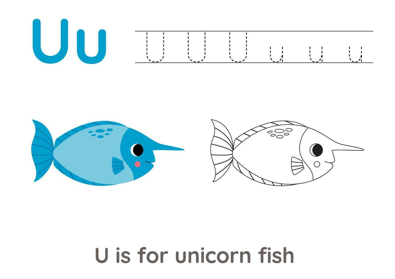 Tracing alphabet letters with cute animals. Color cute unicorn fish. Trace letter U. vector