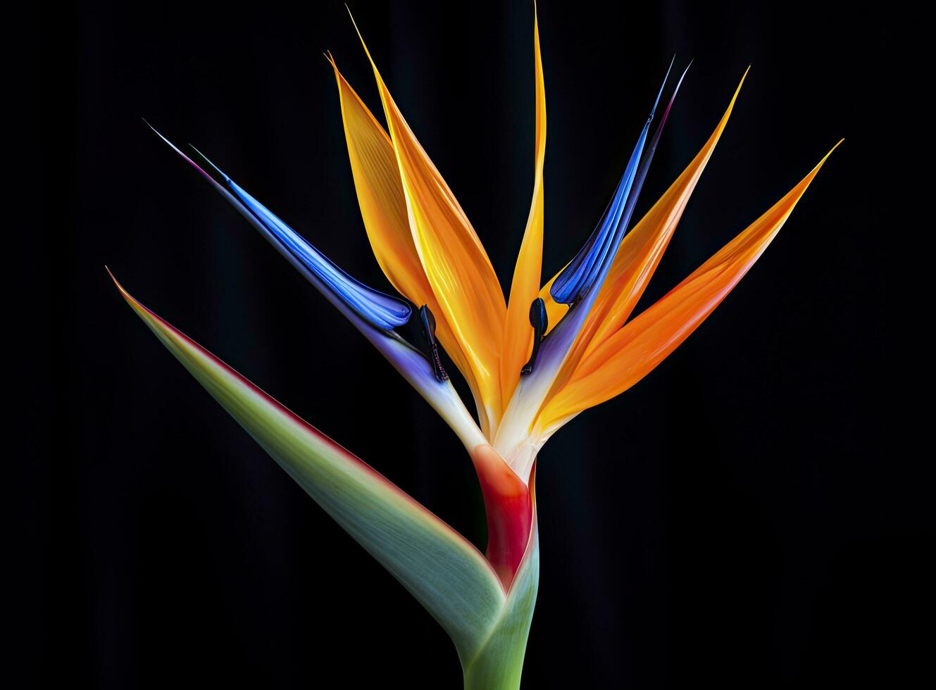 Bird of paradise flower isolated on black background. AI Generated photo