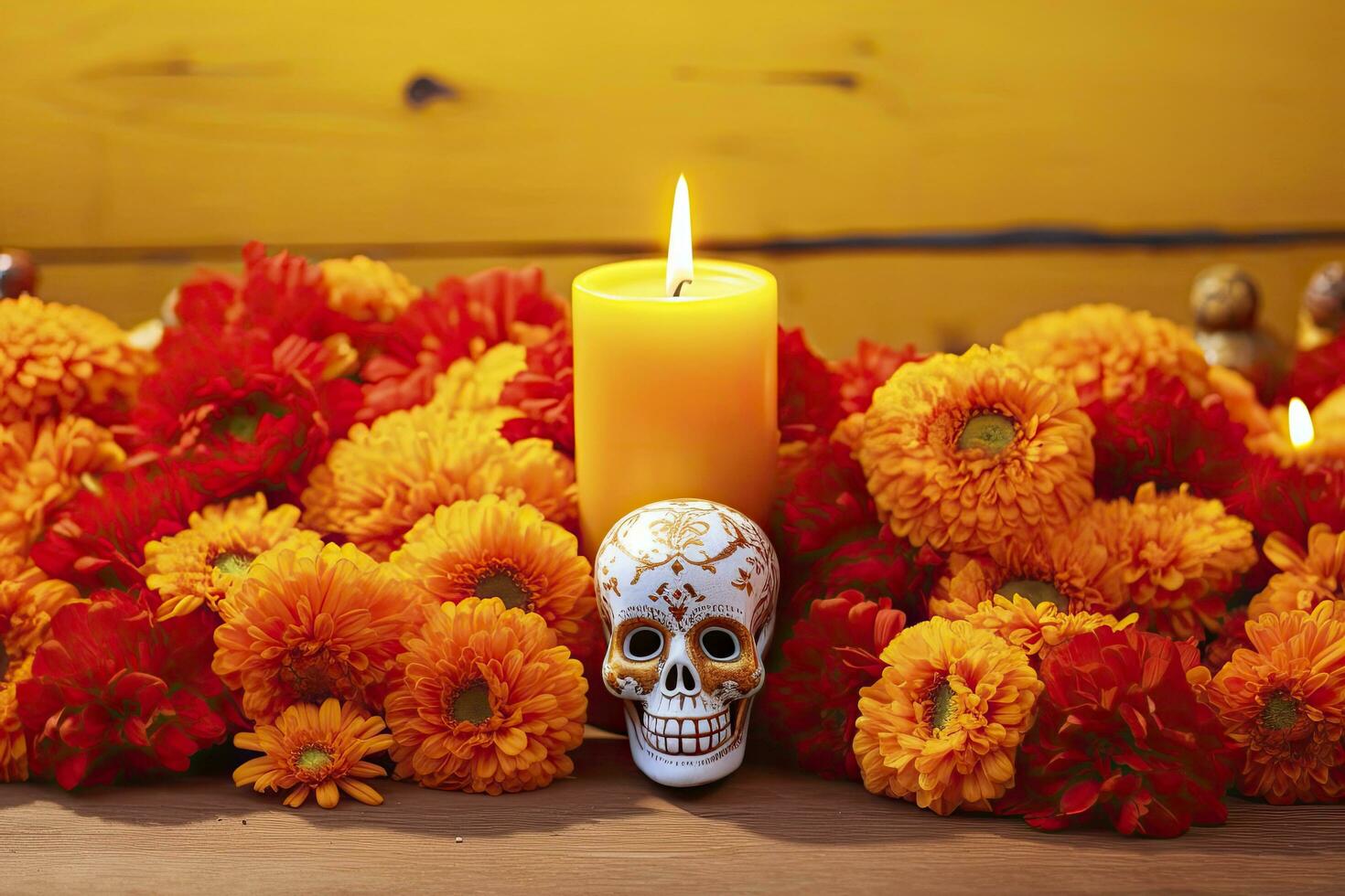 Candles and marigold flowers. Day of the dead concept dia de los muertos. AI Generated photo
