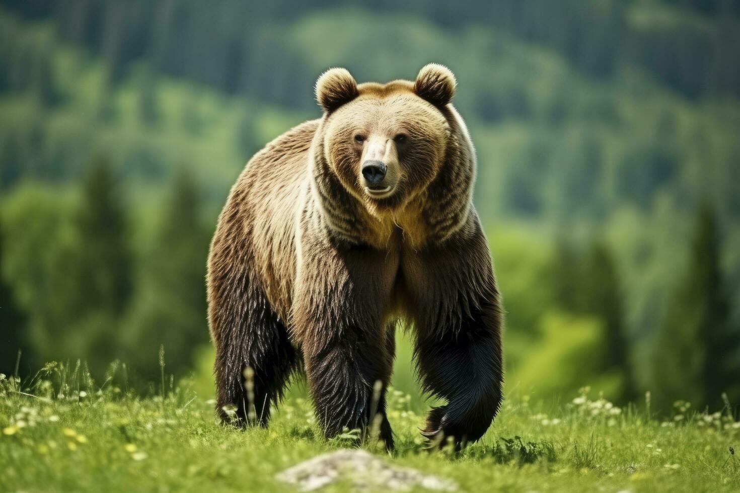 Brown bear moving on the green meadow in springtime nature. AI Generated photo