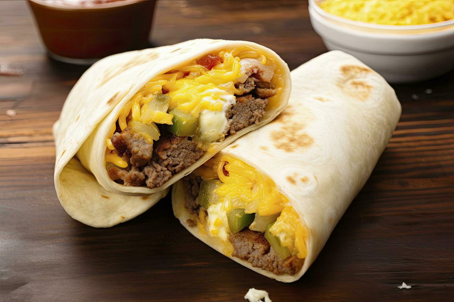 Breakfast burrito with sausage, eggs, hashbrown and cheese. AI Generated photo