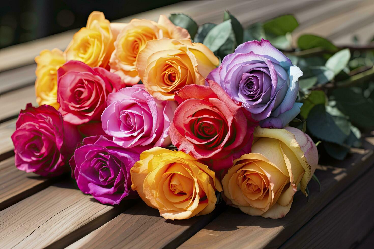 Bunch of multi colored roses on wooden planks, happy birthday lying on planks. AI Generated photo