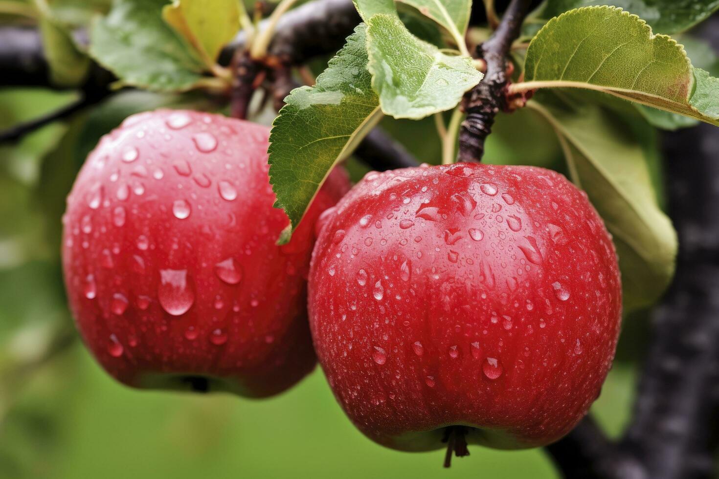 cerca arriba manzana Fruta en árbol. ai generado foto