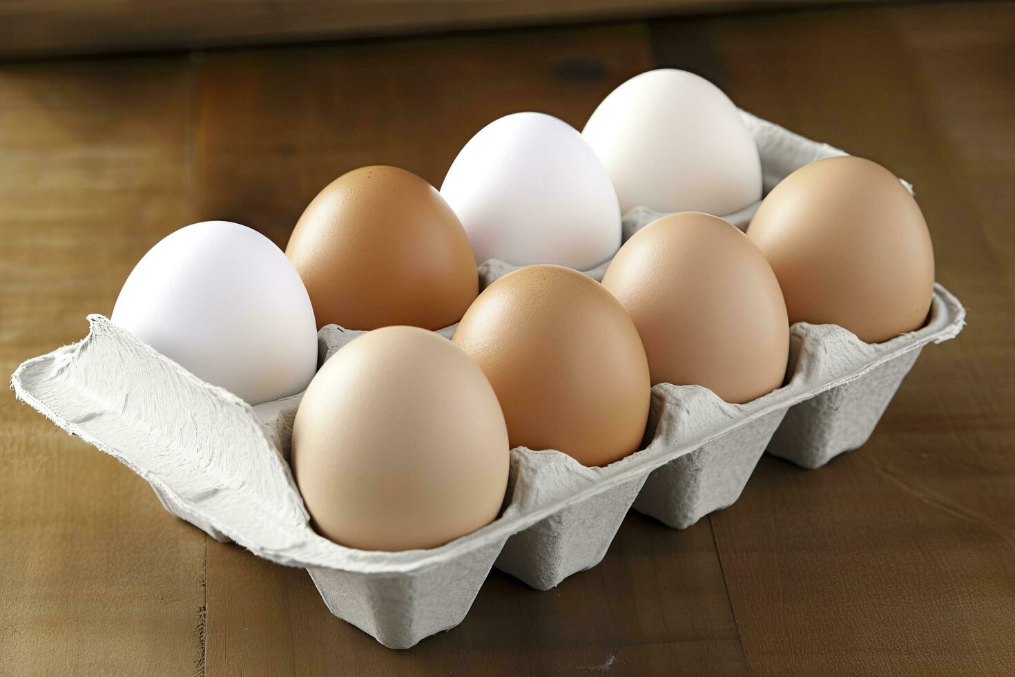 Close up of open carton of fresh store bought white eggs. AI Generated photo