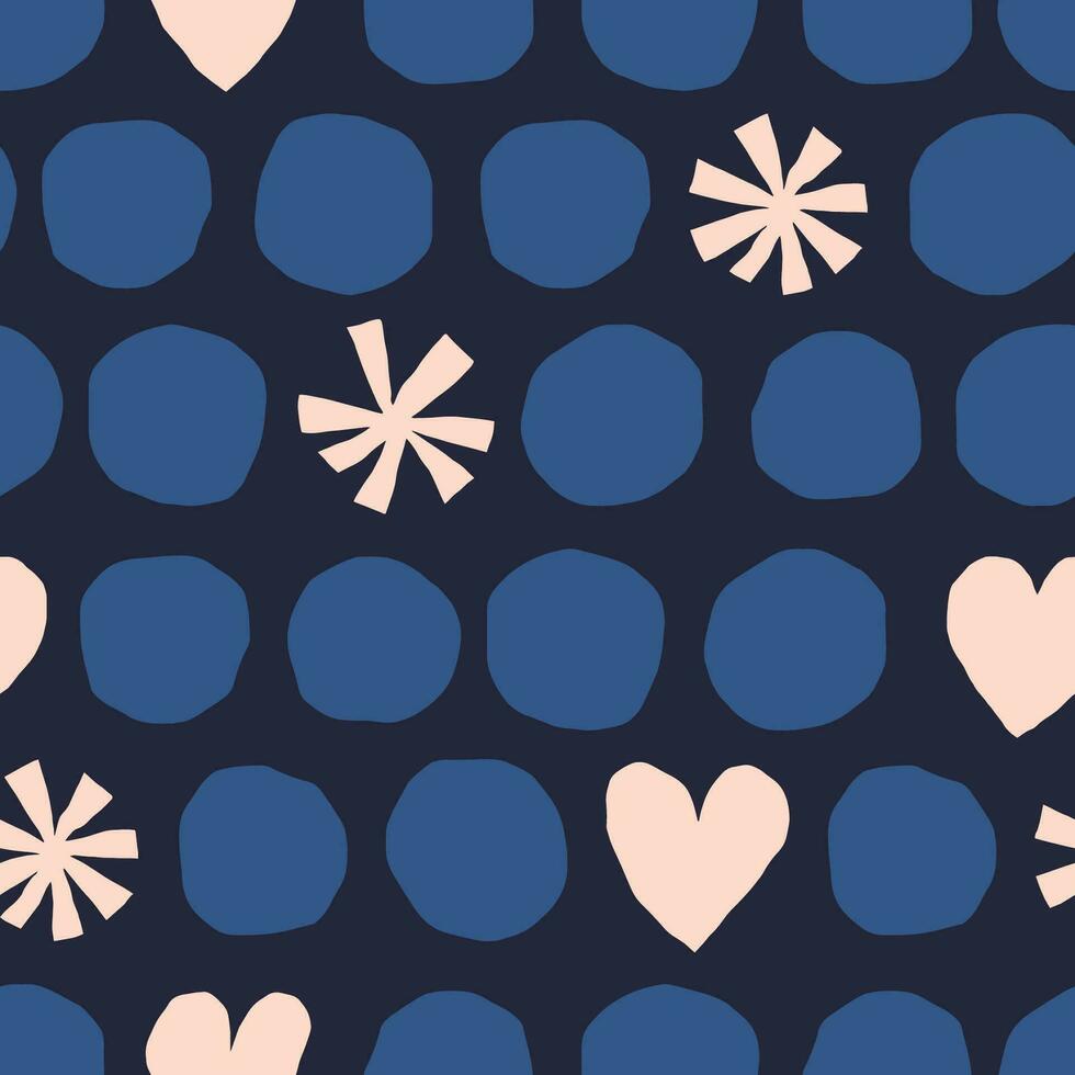 Cute seamless pattern with circles, snowflakes and hearts. Colourful vector texture with different shapes